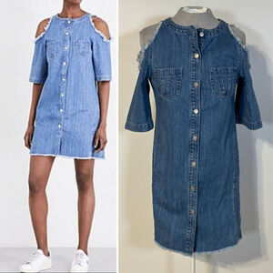 Maje Raki Denim Dress Women’s Small Cold Shoulder Button Down Raw Hem Blue